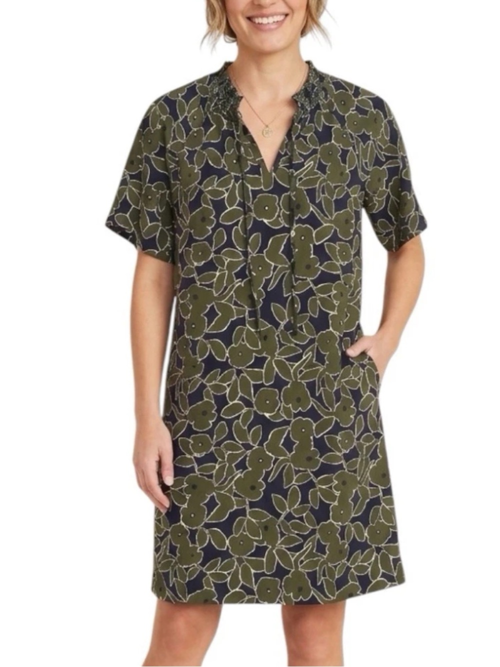 Banana Republic Olive Green and Navy Floral Smocked Tie Neck Shift Dress Sz 12